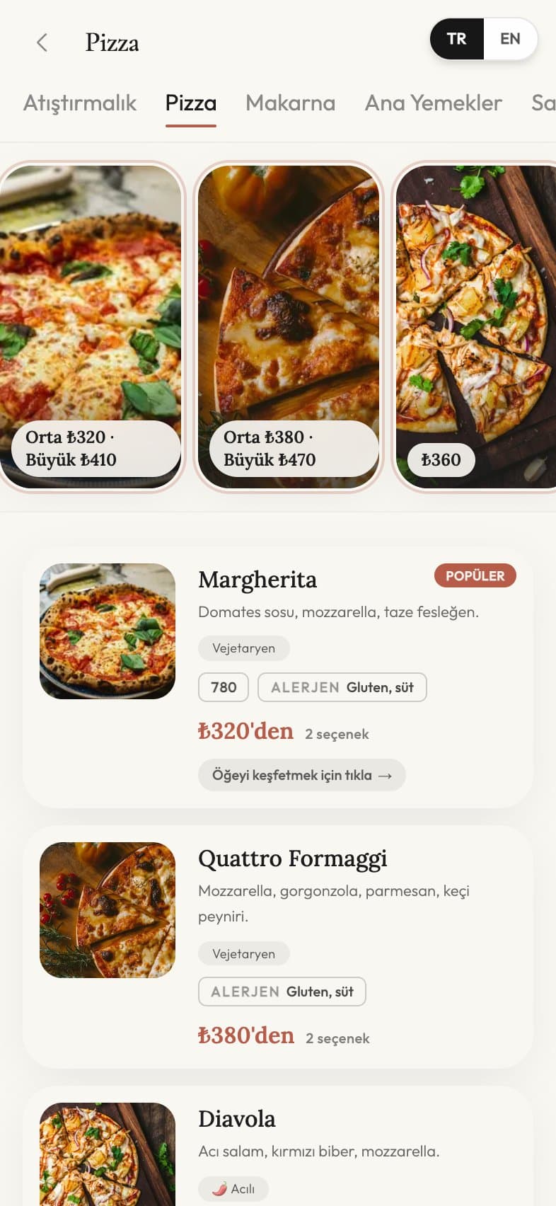 Hive Menu kategori ekranı
