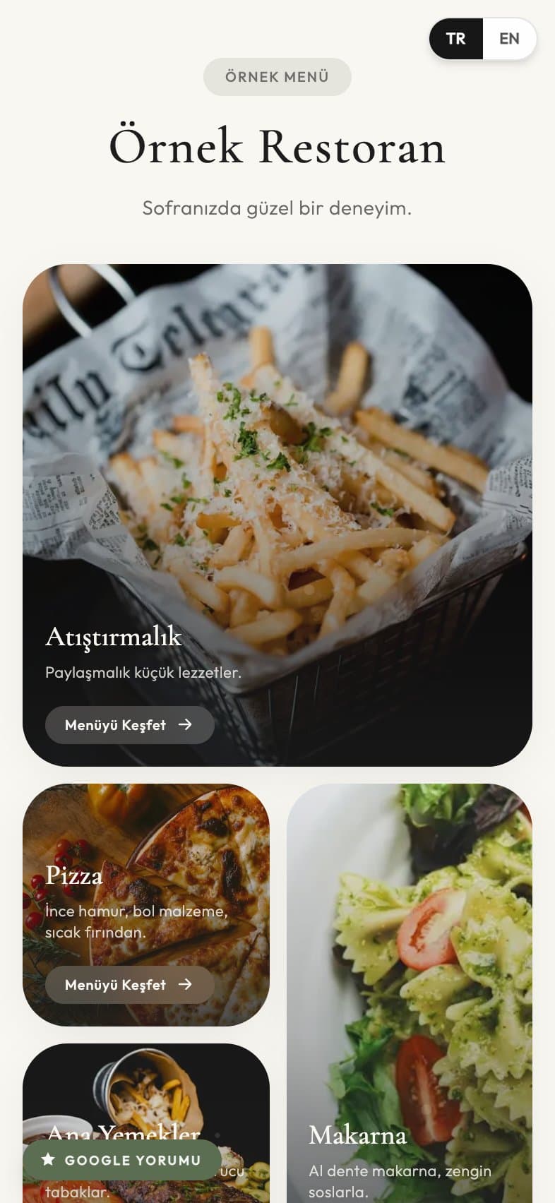 Hive Menu örnek menüsü: görselli kategori mozaiği