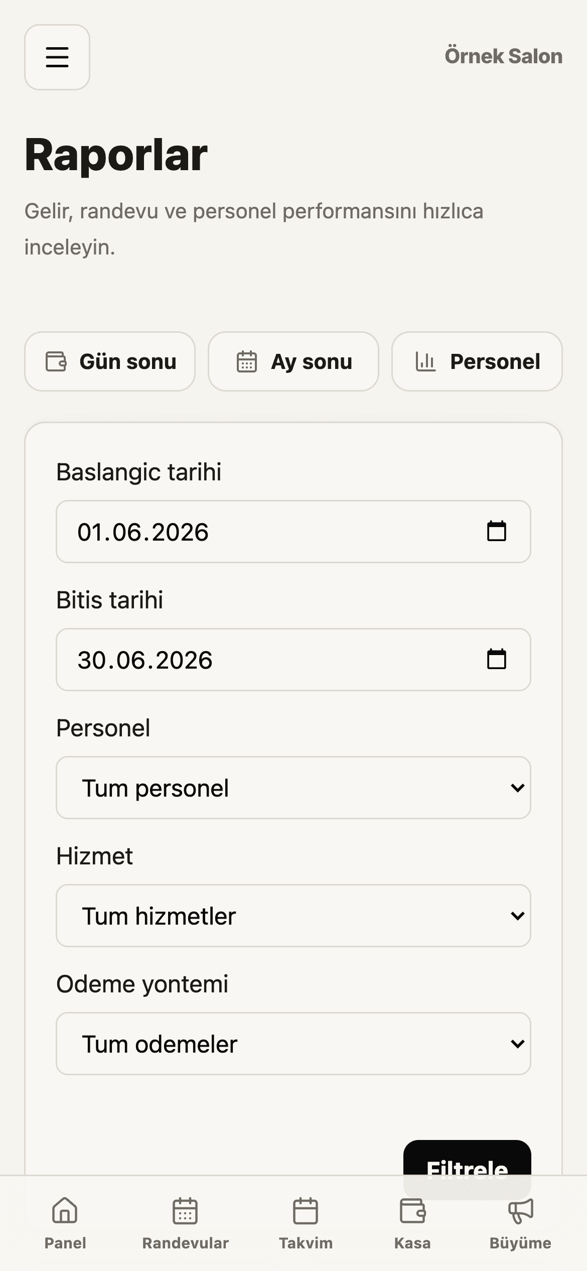 Hive Salon raporlar telefonda