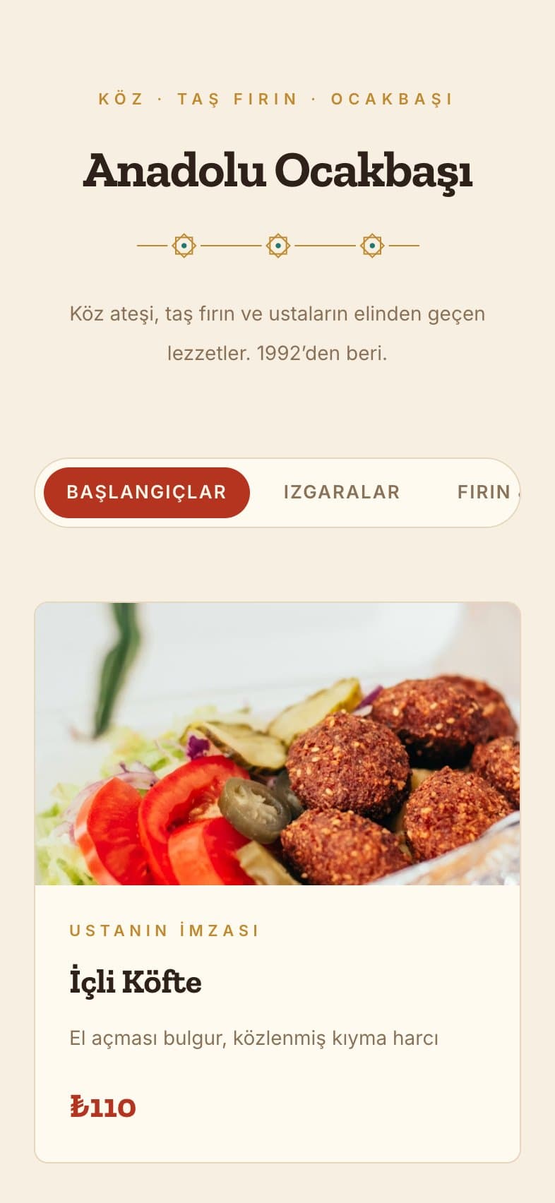 Anadolu teması — Toprak tonları, çini motifleri ve sıcak tipografiyle kebapçı, ocakbaşı ve lokantalar için.