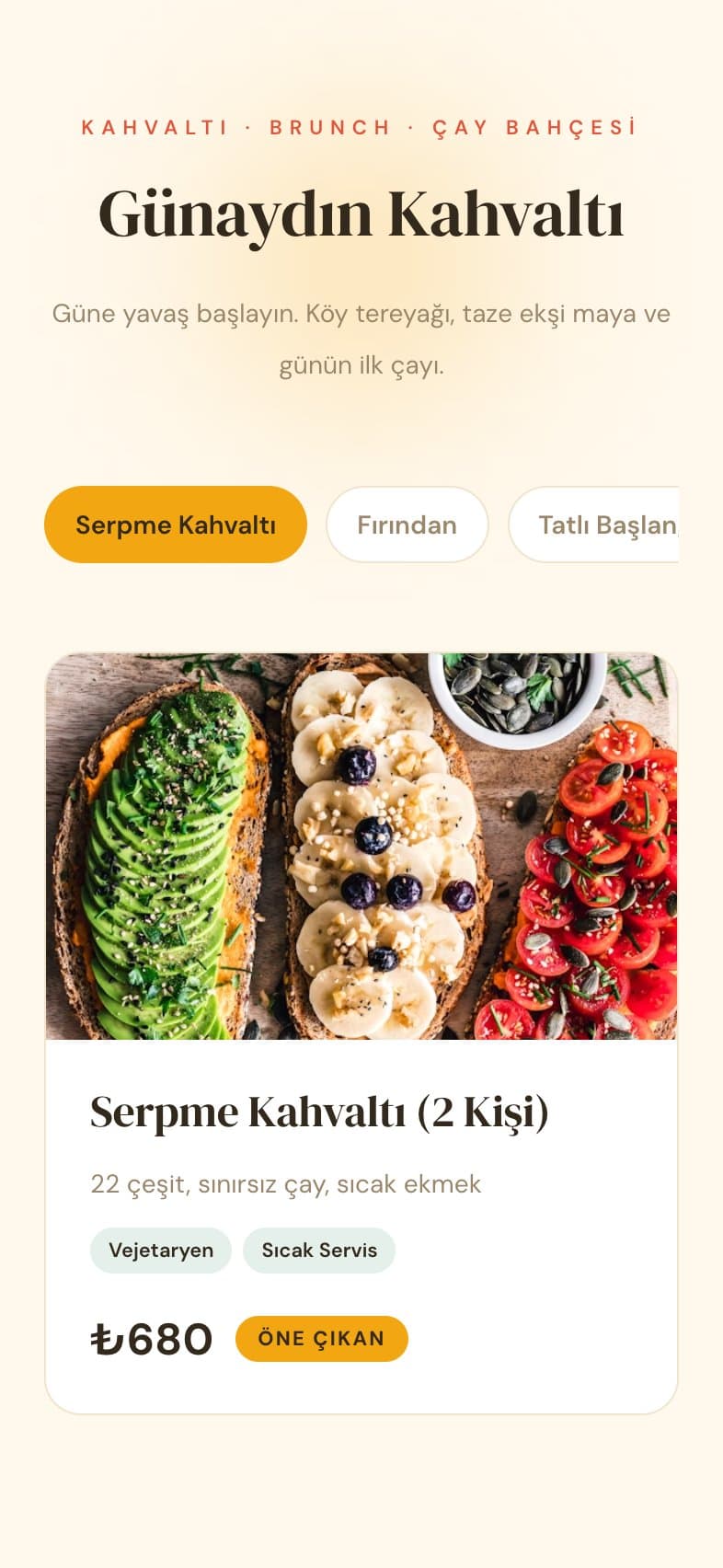Günaydın teması — Güneşli tonlar, ferah düzen ve serpme kahvaltı ızgarasıyla kahvaltı & brunch mekanları için.