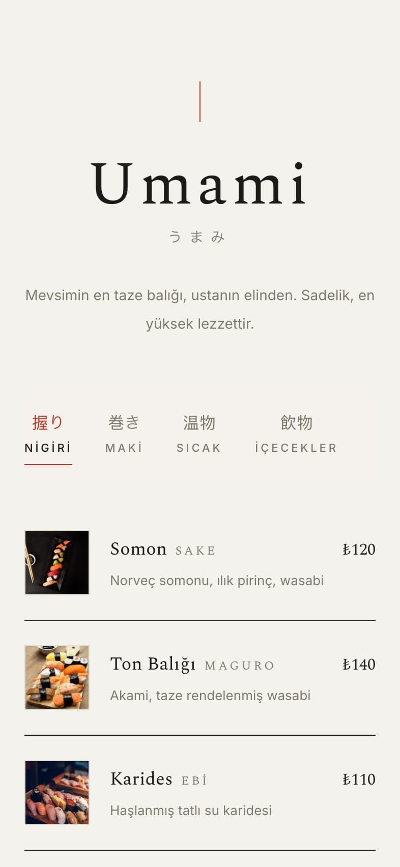 Umami teması — Bol boşluk, ince çizgiler ve tek vermilyon vurgusuyla suşi ve uzakdoğu mekanları için minimalist tema.